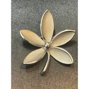 Vintage Crown Trifari Brushed Silver Flower Brooch Mid Century